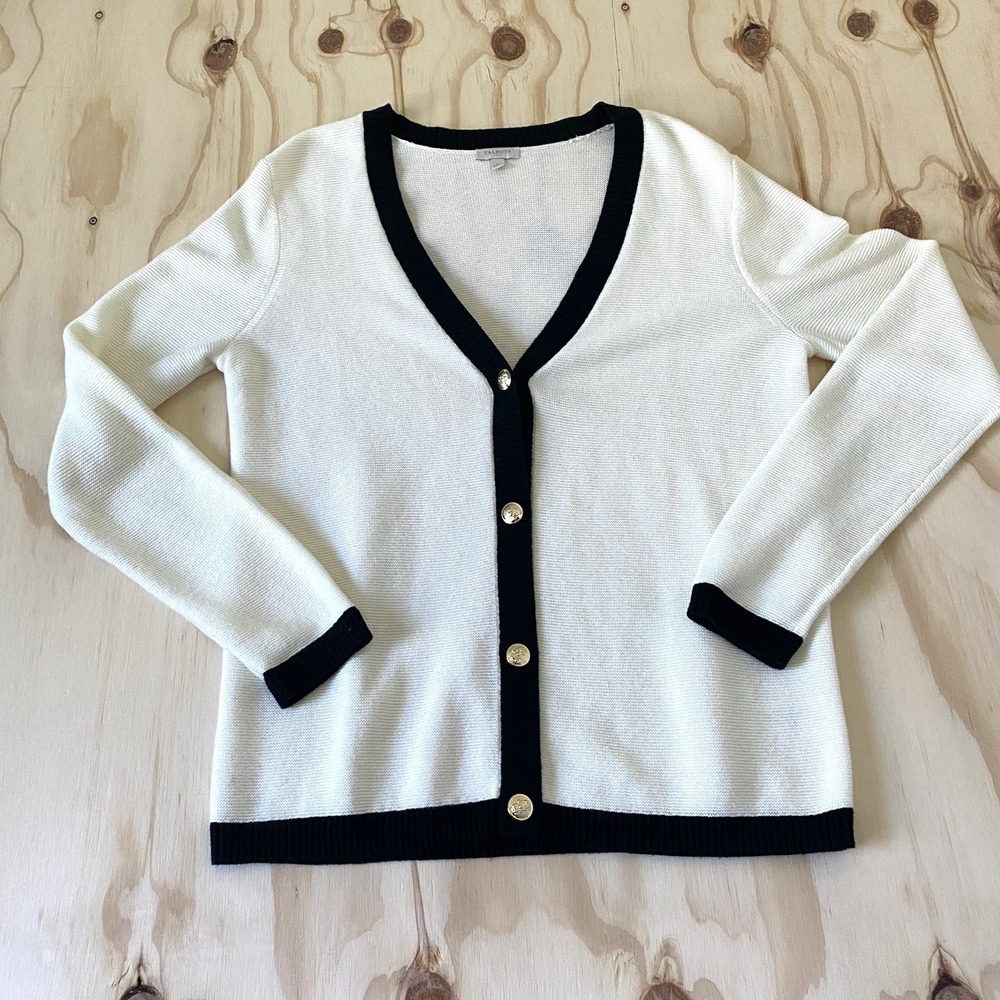 Talbots Women's Cardigan Size S Beige Black Gold Buttons Old Money Quiet Luxury